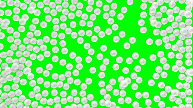Animated a great amount of white plain Golf balls falling and tumbling against green background. Top camera view.