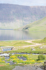 Landschaft rund um den Dynjandi-Wasserfall in den Westfjorden, Island