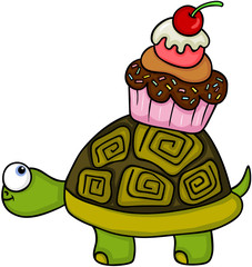 Turtle carrying cupcake with cherry on top
