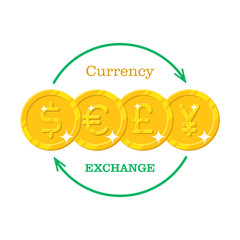 Gold money currency exchange. Dollar, euro, pound, yen gold coins in row and directing arrows. Investment, trade, saving finance. Vector illustration isolated on white background