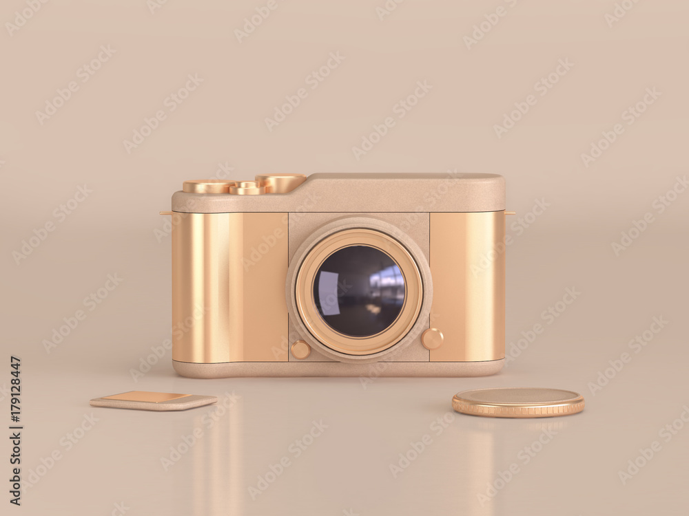 Poster abstract metallic gold camera lens reflection cream background 3d rendering