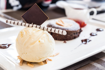 Delicious combination of chocolate lava with vanilla ice cream