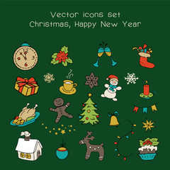 Christmas holidays icon set. Classic hand-drawn New Year elements, vintage style. Merry Christmas, Happy New Year line icons for packing paper, card, web, wallpaper, background. Vector Illustration.