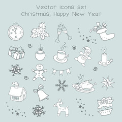 Christmas holidays icon set. Classic hand-drawn New Year elements, vintage style. Merry Christmas, Happy New Year line icons for packing paper, card, web, wallpaper, background. Vector Illustration.
