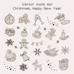 Christmas holidays icon set. Classic hand-drawn New Year elements, vintage style. Merry Christmas, Happy New Year line icons for packing paper, card, web, wallpaper, background. Vector Illustration.
