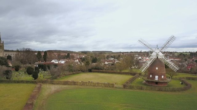 Thaxted village and windmill, Essex, England; aerial drone reveal