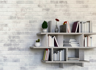 Shelves with books on painted white brick wall background. 3D rendering