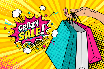Pop art background with female hand holding bright shopping bags and Crazy sale speech bubble with stars, clouds and halftone. Vector colorful hand drawn illustration in retro comic style. - 179130632