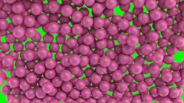 Animated a great amount of pink plain Golf balls falling and tumbling against green background. Top camera view.
