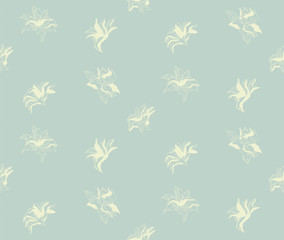 Vector Green Seamless Pattern with Drawn Flowers
