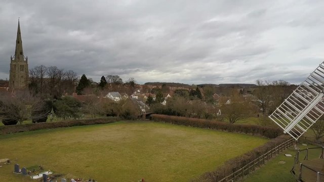 Thaxted village and windmill, Essex, England; aerial drone reveal
