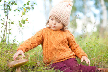 Little kid picking edible musroom, autumn forest.