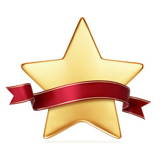 Gold star with red ribbon banner - arc up and wavy ends