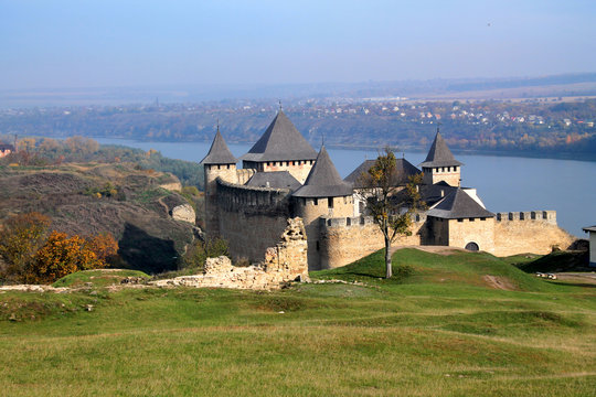 Ancient medieval fortress in Khotyn on hill above river. Closeup.