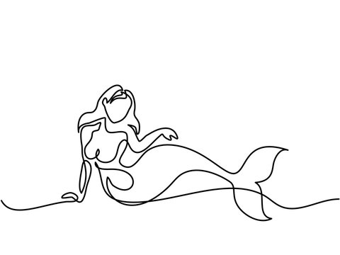 Mermaid laying and dreaming on the beach. Continuous line drawing. Vector illustration