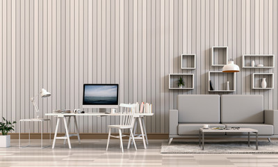 3D rendering of interior modern living room workspace with sofa, desk, laptop computer and green plants 