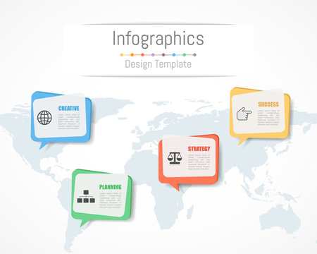 Infographic design for your business data with 4 options, parts, steps, timelines or processes.  Communication network concept,  Vector Illustration. World map of this image furnished by NASA