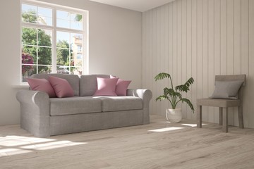 Idea of white room with sofa and summer landscape in window. Scandinavian interior design. 3D illustration