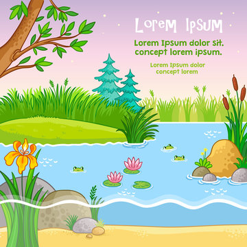 Vector background illustration with nature. Pond with frogs and plants in a children's style.