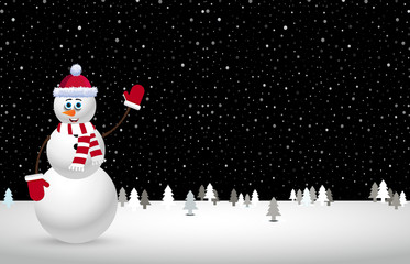 Christmas landscape with christmas trees and snowman. Concept for greeting or postal card, vector illustration, template with space for text.