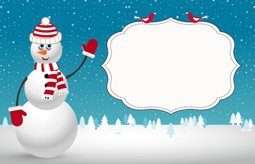 Christmas template. night landscape with snowman, christmas treees on snowy night background and space for text. Vector illustration, template.