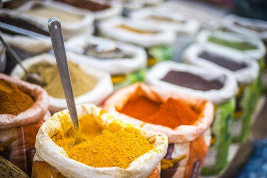 Spices for sale in Mapusa Spice Market, Goa