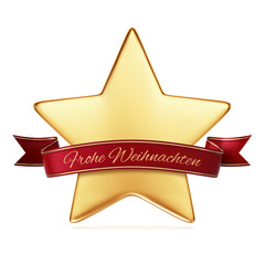 Gold star with red ribbon banner - arc and wavy ends - Frohe Weihnachten