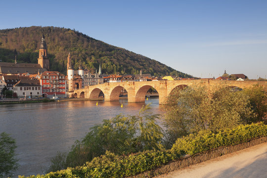 Old town with Karl-Theodor-Bridge (Old Bridge), Gate and Heilig Geist Church, Heidelberg, Baden-Wurttemberg, Germany
