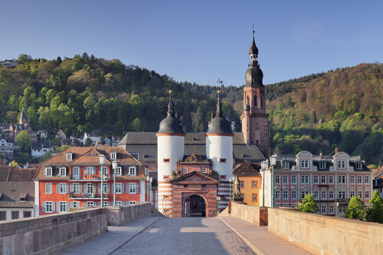 Old town with Karl-Theodor-Bridge (Old Bridge), Gate and Heilig Geist Church, Heidelberg, Baden-Wurttemberg, Germany