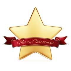 Gold star with red ribbon banner - arc and wavy ends - Merry Christmas