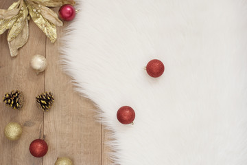 Merry Christmas. Winter Holidays Concept - cozy home, balls, cones. Golden theme