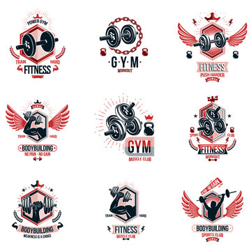 Vector weightlifting theme logotypes and inspirational leaflets collection made using dumbbells, barbells, disc weights sport equipment and strong man perfect body.