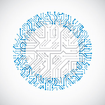Vector abstract computer circuit board blue illustration, round technology element with connections and arrows. Electronics theme web design.