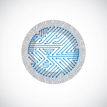 Futuristic cybernetic scheme, vector motherboard blue illustration. Circular element with circuit board texture.