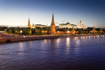 Moscow Kremlin, Kremlin Embankment and Moscow River at night in Moscow, Russia. Architecture and landmark of Moscow