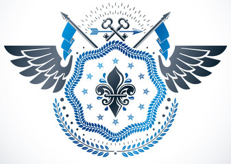 Retro winged vintage Insignia made with vector design elements and composed with lily flower royal symbol and old keys