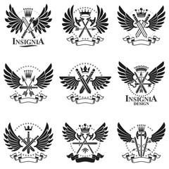 Vintage Weapon Emblems set. Heraldic Coat of Arms decorative emblems isolated vector illustrations collection.