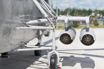 Missile launcher of heavy military helicopter ready to attack, modern army, aviation and aerospace...