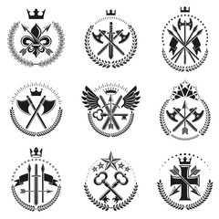 Fototapeta na wymiar Vintage Weapon Emblems set. Heraldic signs vector vintage elements collection.