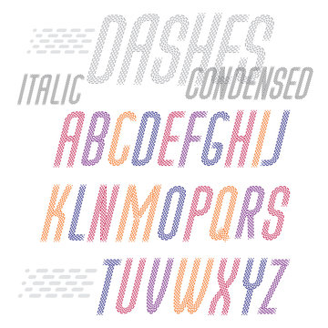 Vector capital condensed modern alphabet letters set. Rounded italic retro type font, script from a to z can be used for logo creation. Made with parallel dashed lines.