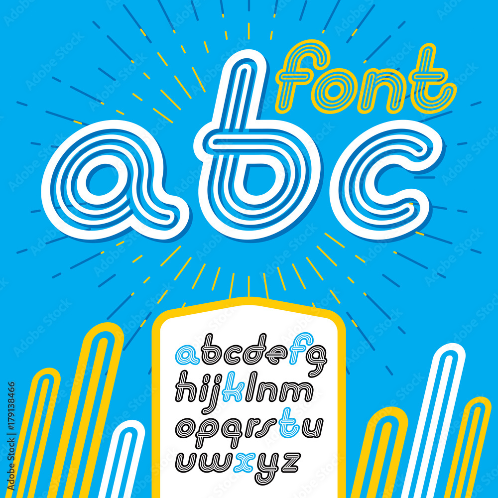 Poster vector retro lowercase english alphabet letters, abc collection. cool disco italic font, script from