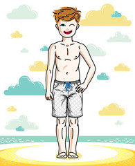 Young teen boy cute children standing wearing fashionable beach shorts. Vector pretty nice human illustration. Childhood lifestyle cartoon.