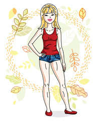 Attractive young blonde woman standing on background of autumn landscape and wearing stylish casual clothes. Vector human illustration.