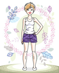 Attractive young blonde woman standing on background of spring landscape and wearing stylish casual clothes. Vector human illustration.