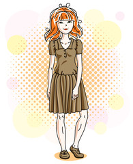 Beautiful red-haired woman adult standing on colorful background with bubbles and wearing casual clothes. Vector attractive female illustration. Lifestyle theme cartoon.