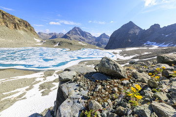 Lej Lagrev during the thaw with Piz Polatschin on the background St. Moritz, Engadine, Canton of Graubunden