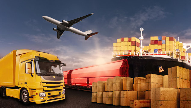 Warentransport mit LKW, Flugzeug, Schiff und Bahn