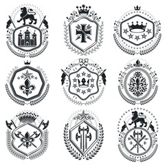 Old style heraldry, heraldic emblems, vector illustrations. Coat of Arms collection, vector set.