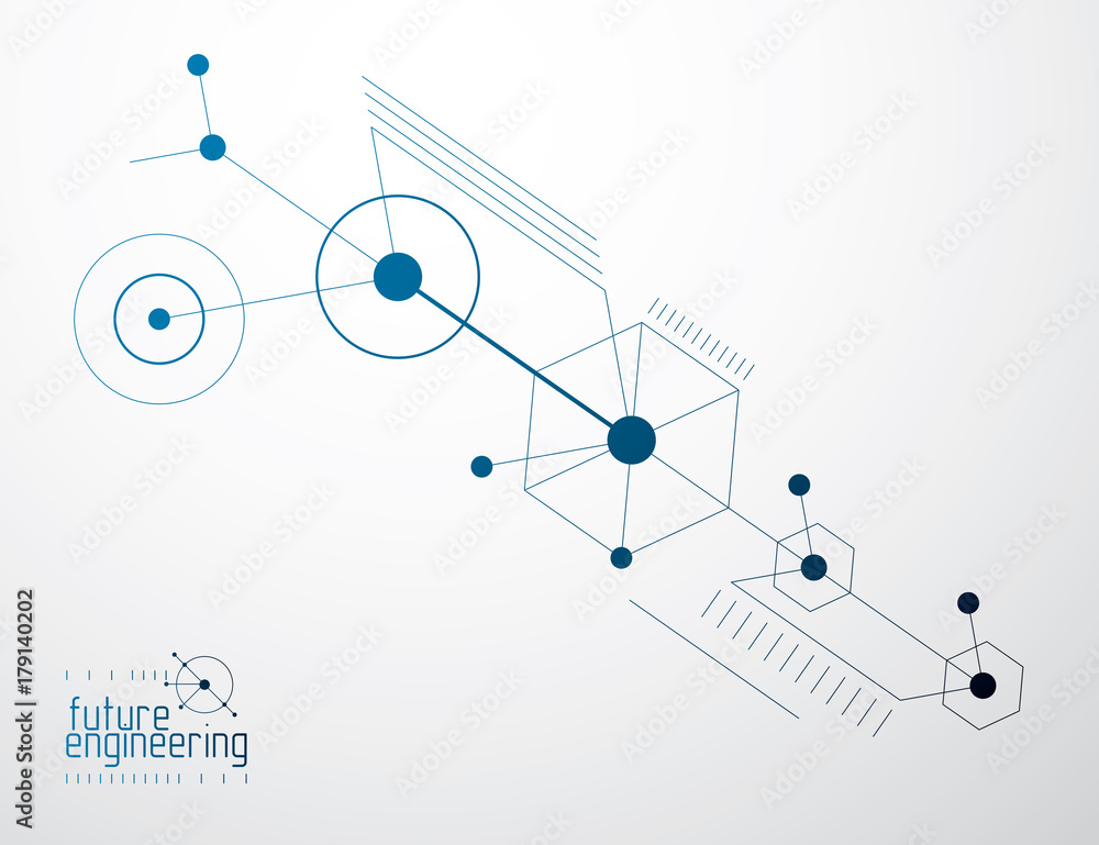 Poster mechanical scheme, vector engineering drawing with circles and geometric parts of mechanism. technic