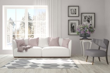 Idea of white minimalist room with sofa. Scandinavian interior design. 3D illustration